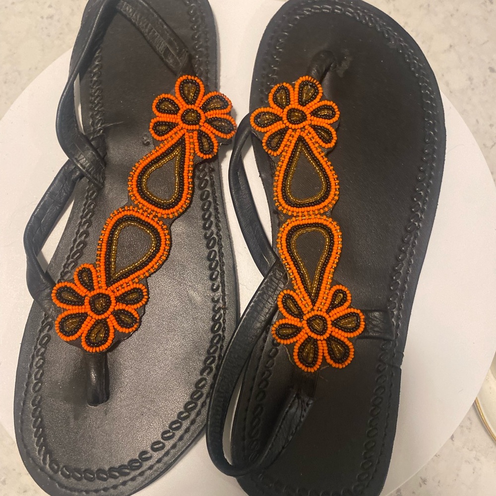 Elegant Black Sandals with Orange Beaded Design